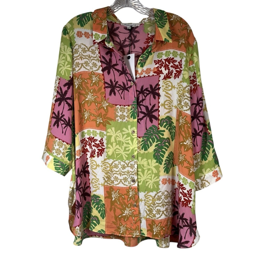 NWT Rose & Olive Sz 1X Blouse Multicolor Button Up Top 3/4 Sleeve Tropical New